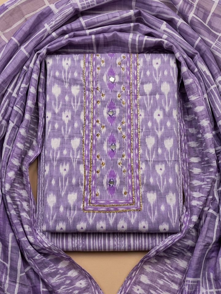 Purple Printed Cotton Blend Unstitched Dress Material