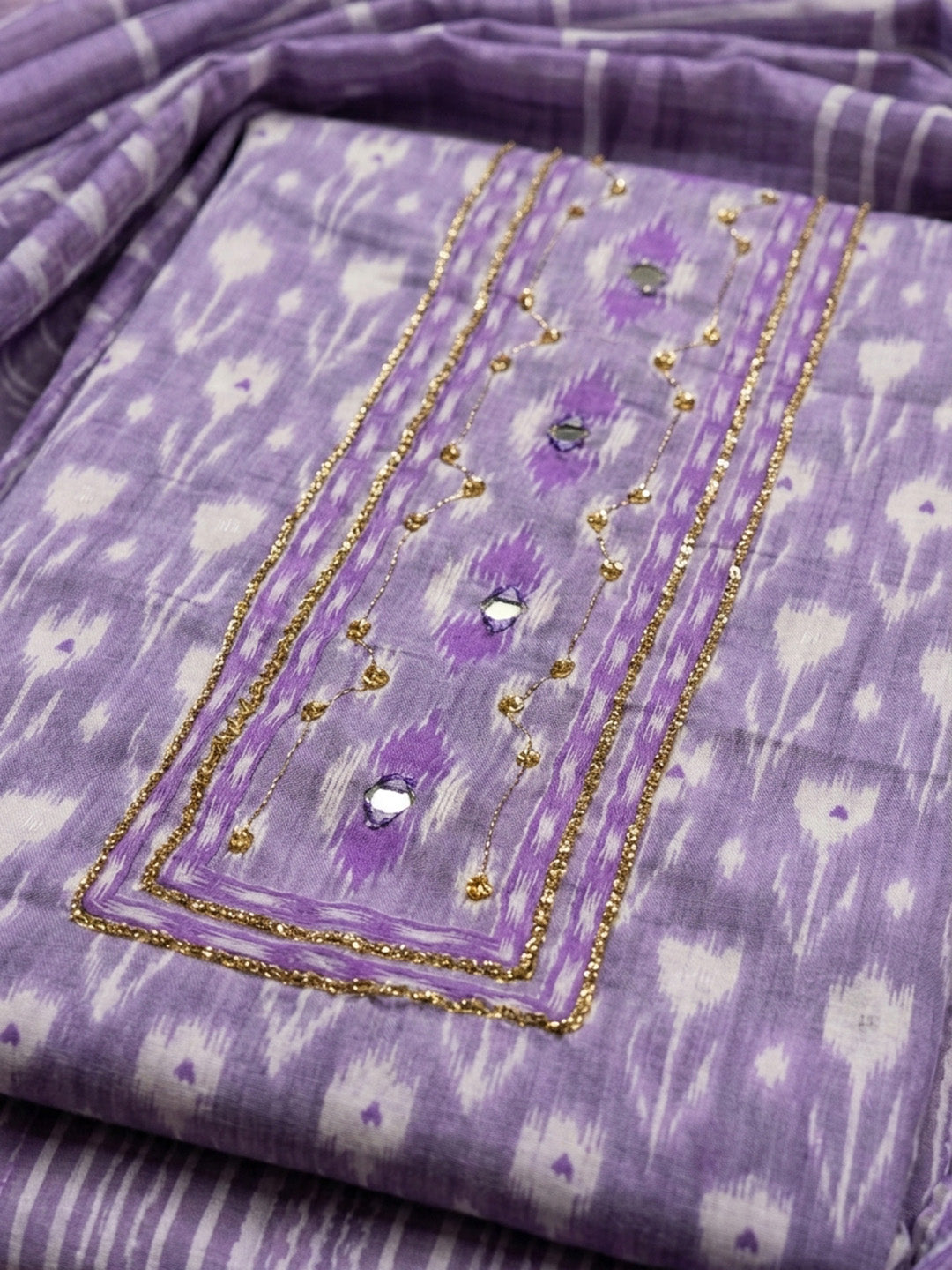 Purple Printed Cotton Blend Unstitched Dress Material