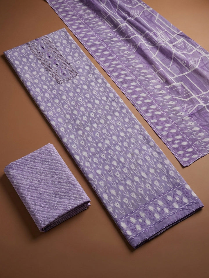 Purple Printed Cotton Blend Unstitched Dress Material