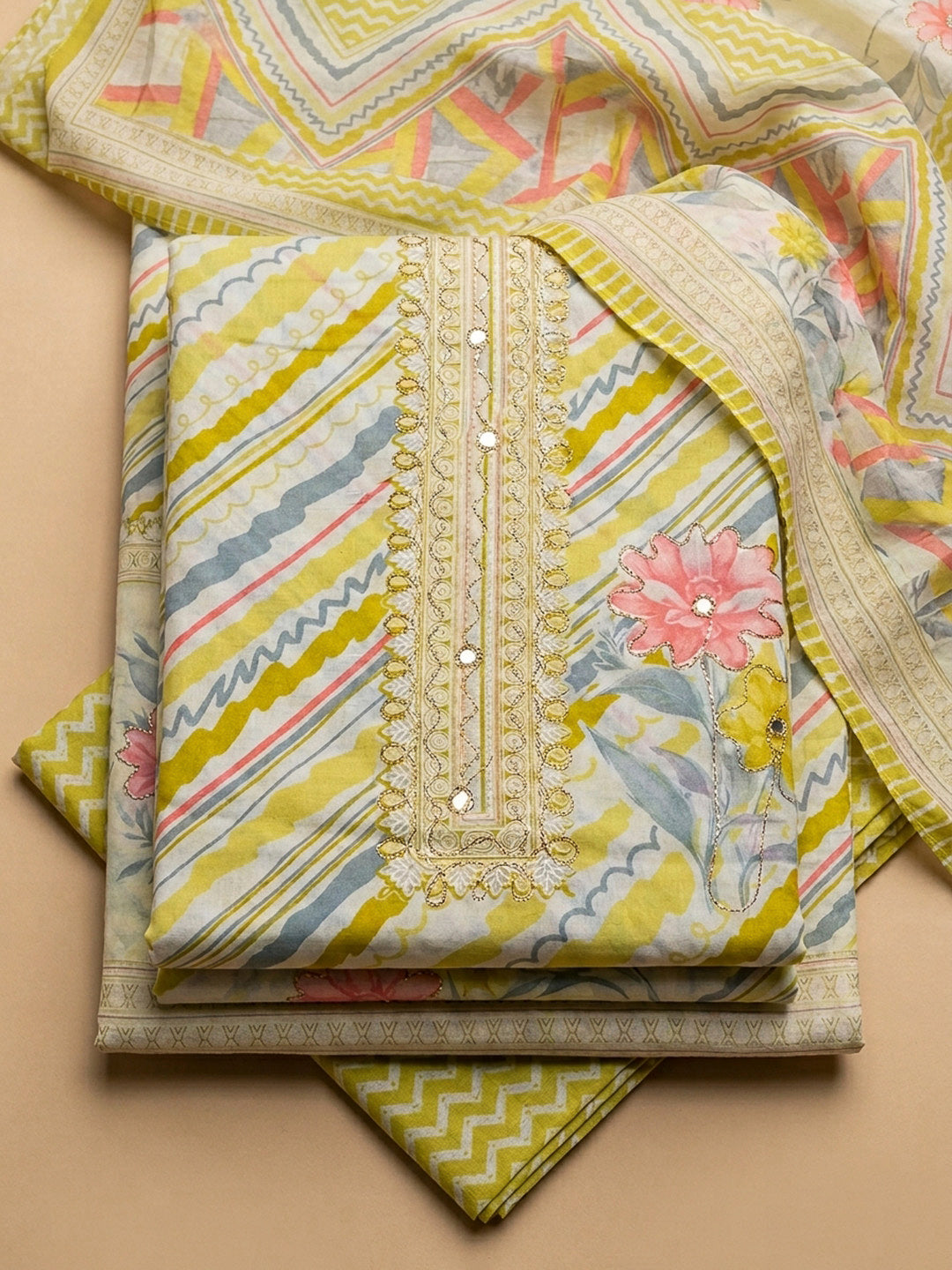 Lemon Printed Cotton Blend Unstitched Dress Material