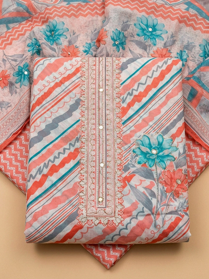 Peach Printed Cotton Blend Unstitched Dress Material
