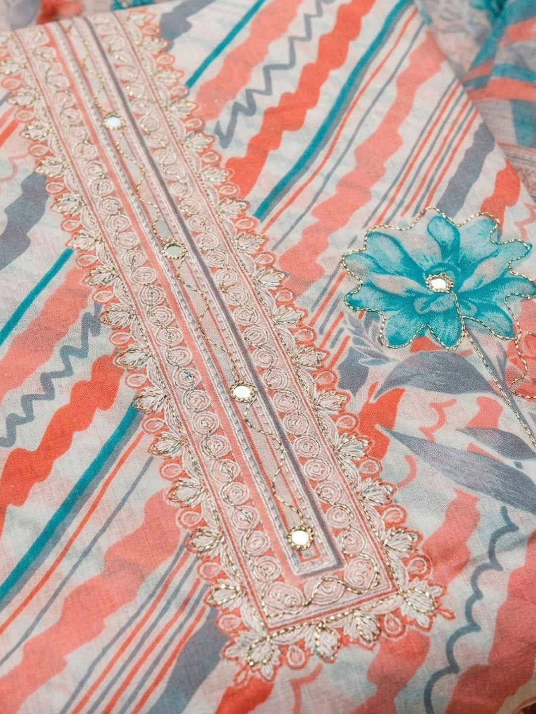 Peach Printed Cotton Blend Unstitched Dress Material