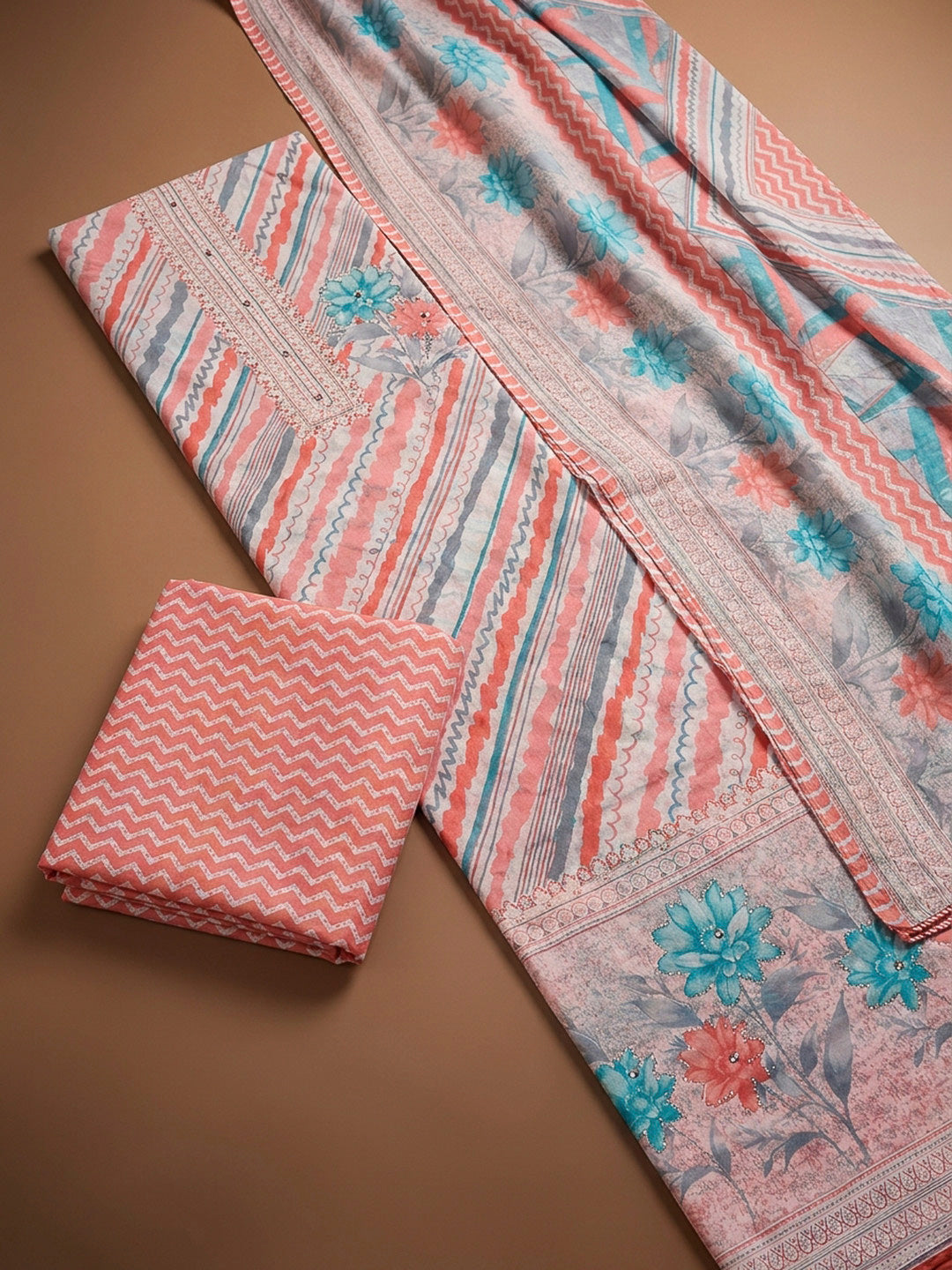 Peach Printed Cotton Blend Unstitched Dress Material