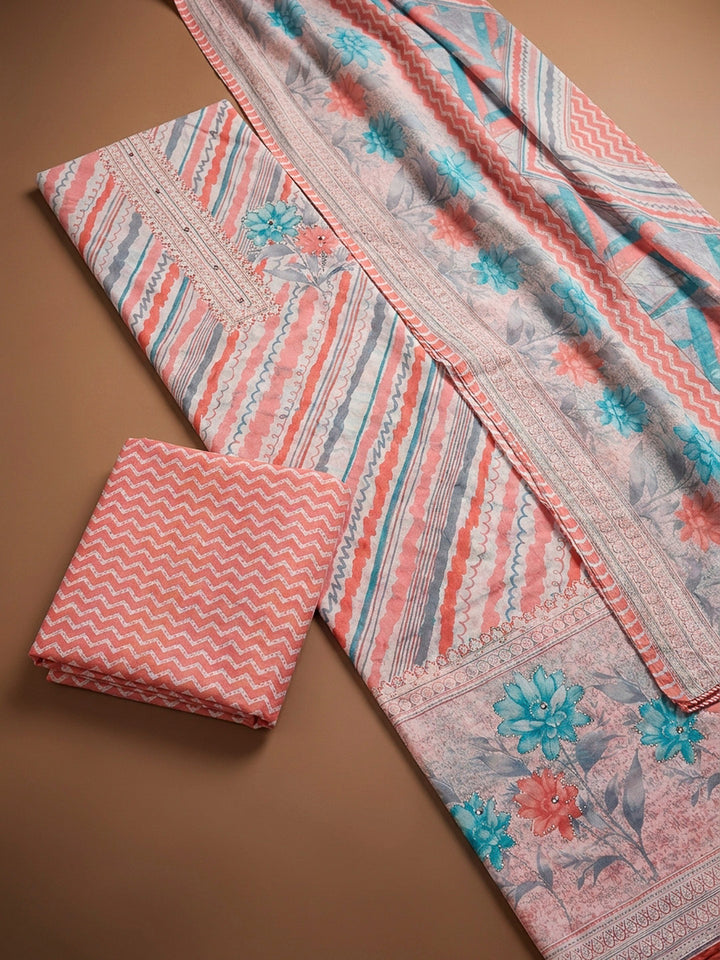 Peach Printed Cotton Blend Unstitched Dress Material