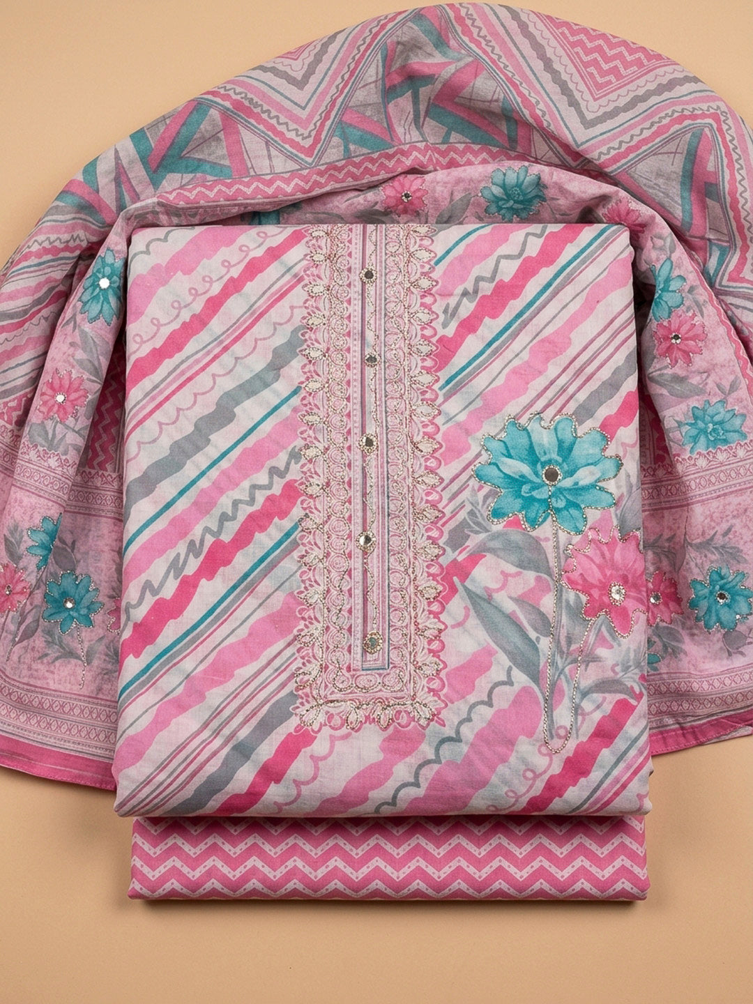 Pink Printed Cotton Blend Unstitched Dress Material