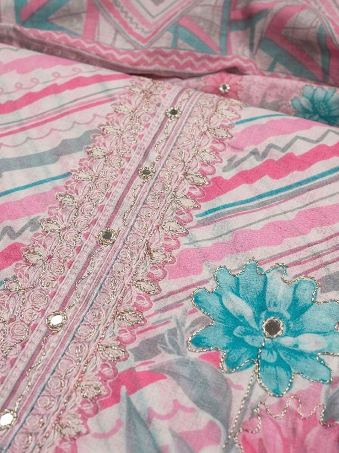 Pink Printed Cotton Blend Unstitched Dress Material