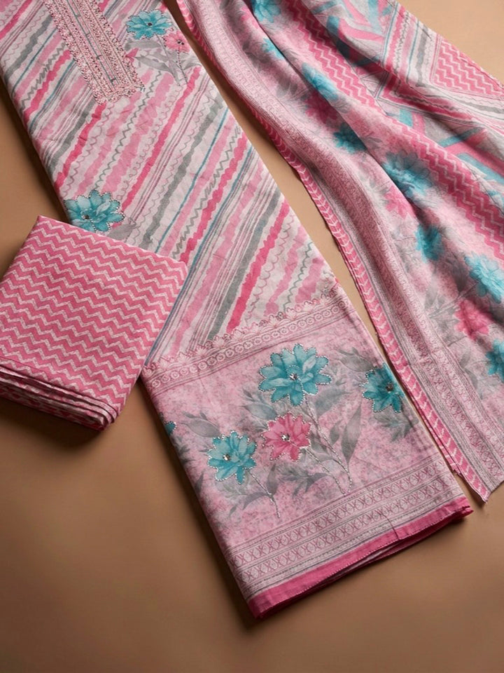 Pink Printed Cotton Blend Unstitched Dress Material