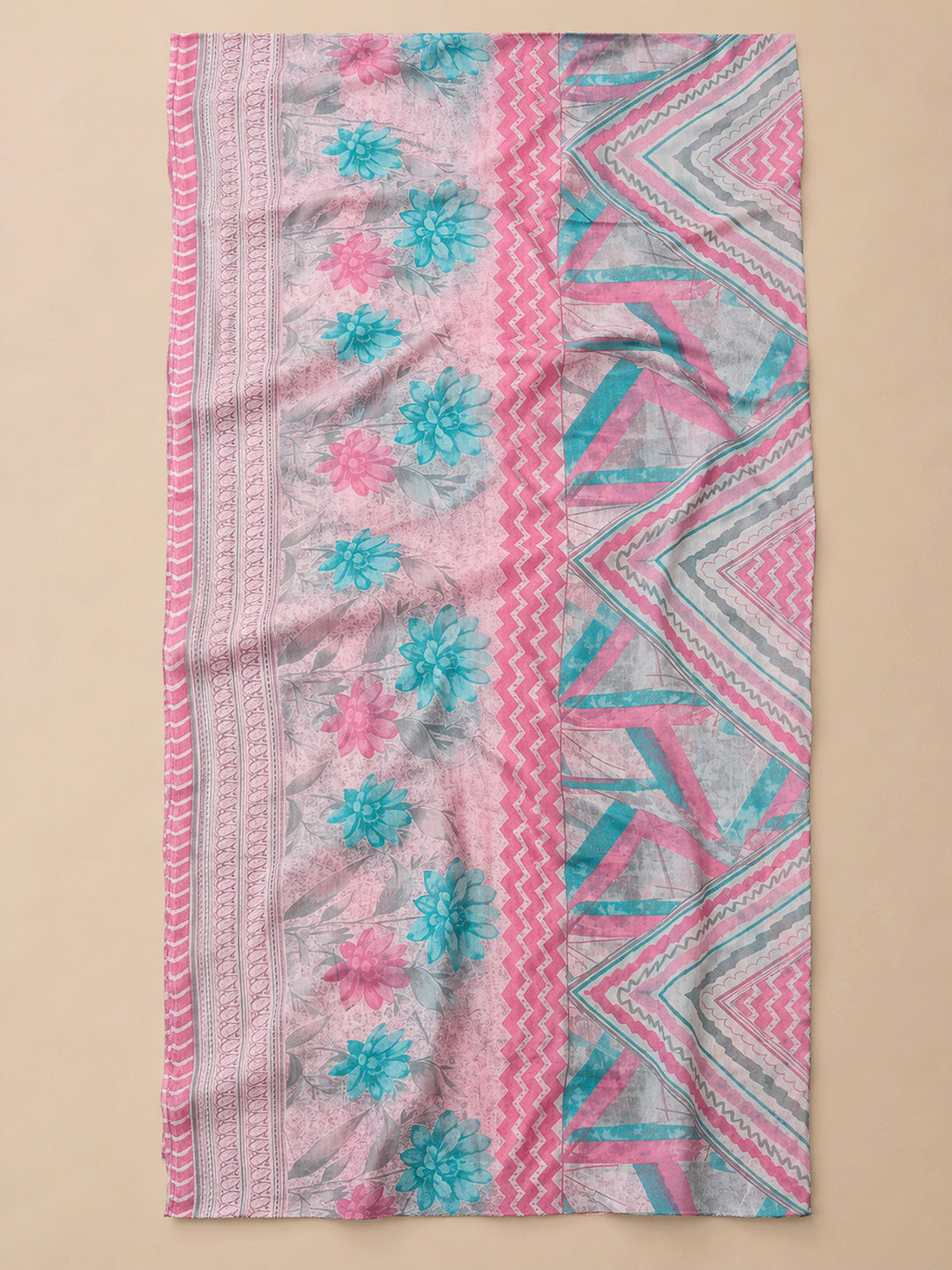 Pink Printed Cotton Blend Unstitched Dress Material