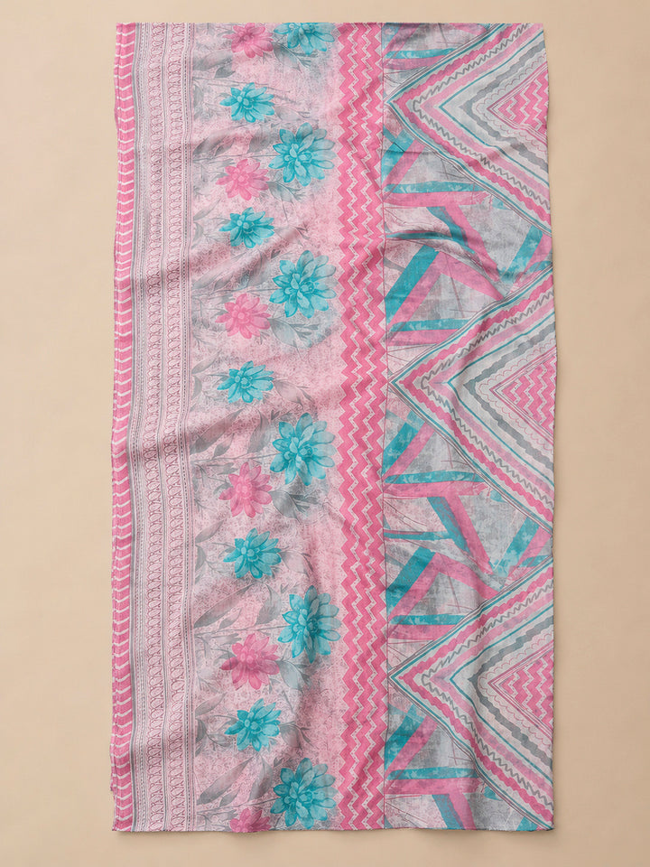 Pink Printed Cotton Blend Unstitched Dress Material