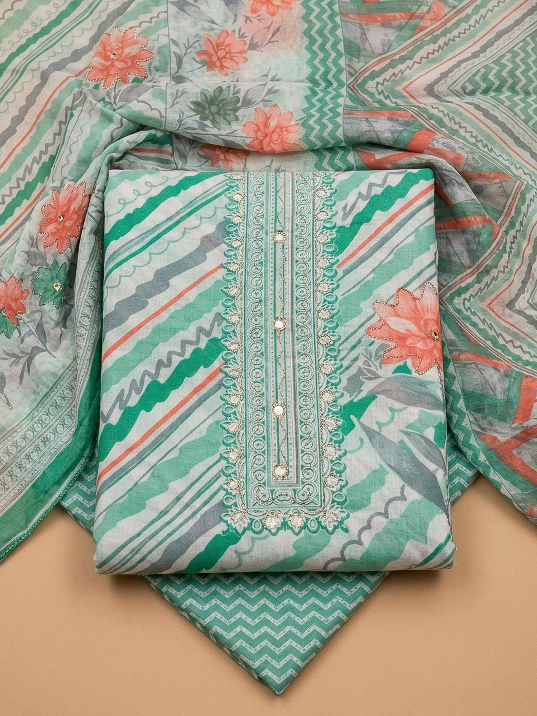 Sea Green Printed Cotton Blend Unstitched Dress Material
