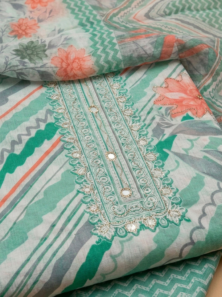 Sea Green Printed Cotton Blend Unstitched Dress Material