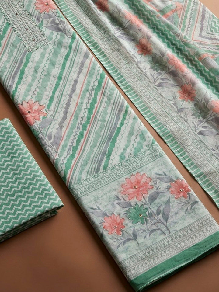Sea Green Printed Cotton Blend Unstitched Dress Material