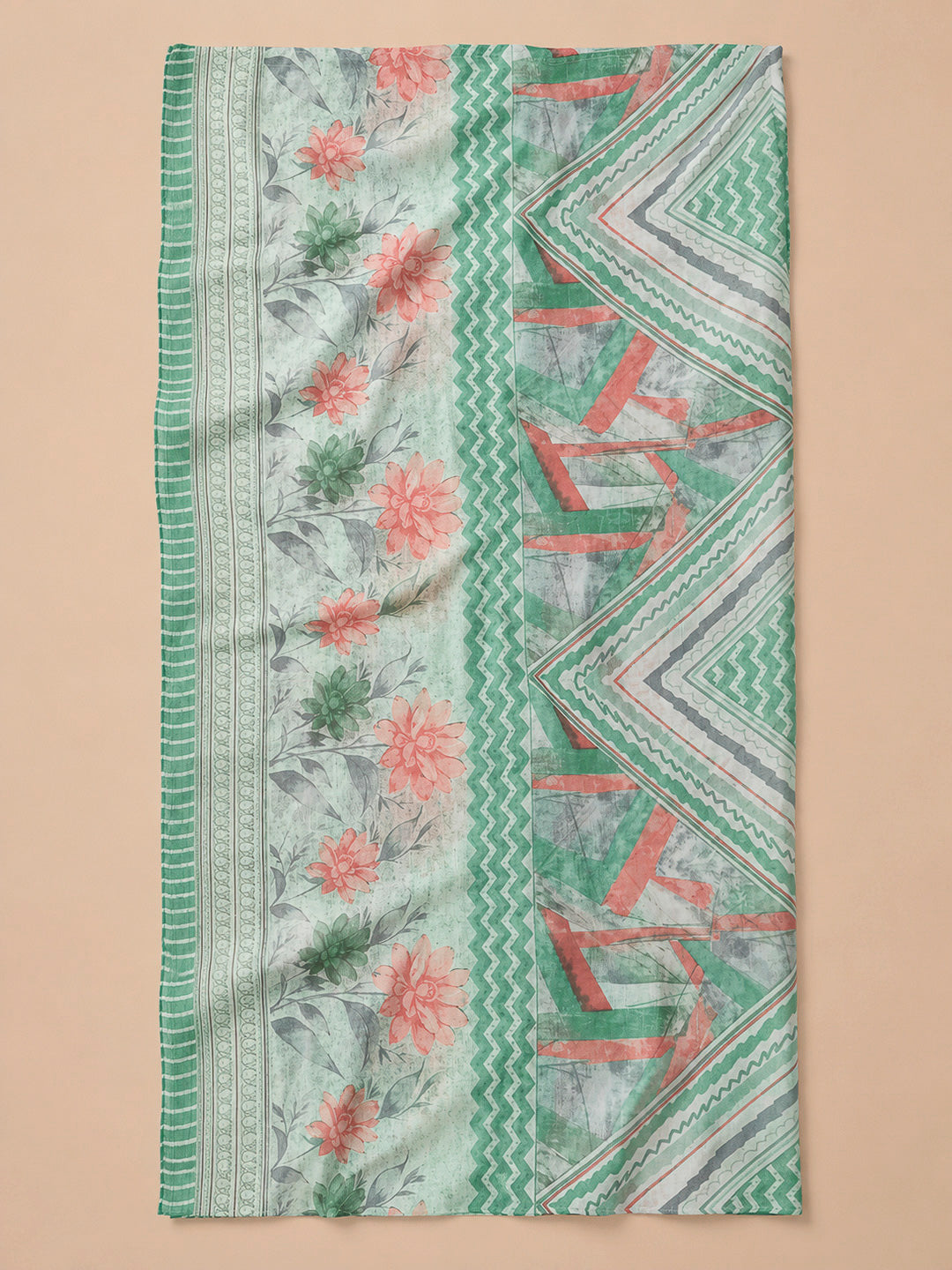 Sea Green Printed Cotton Blend Unstitched Dress Material