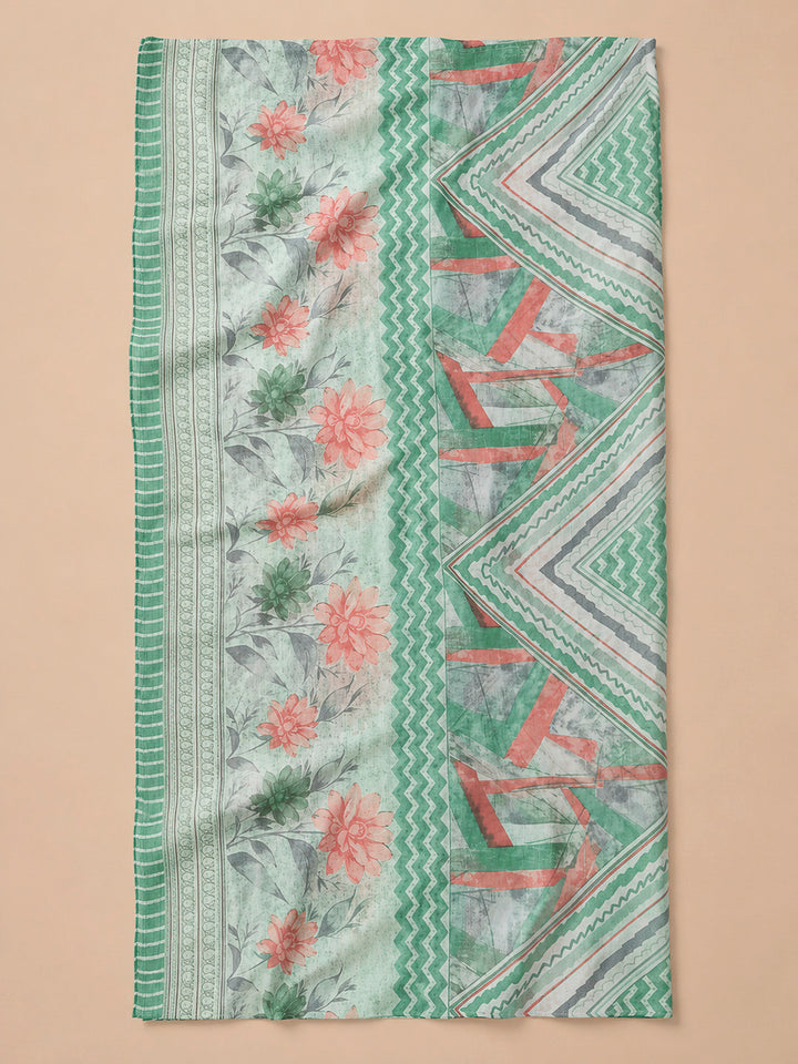Sea Green Printed Cotton Blend Unstitched Dress Material