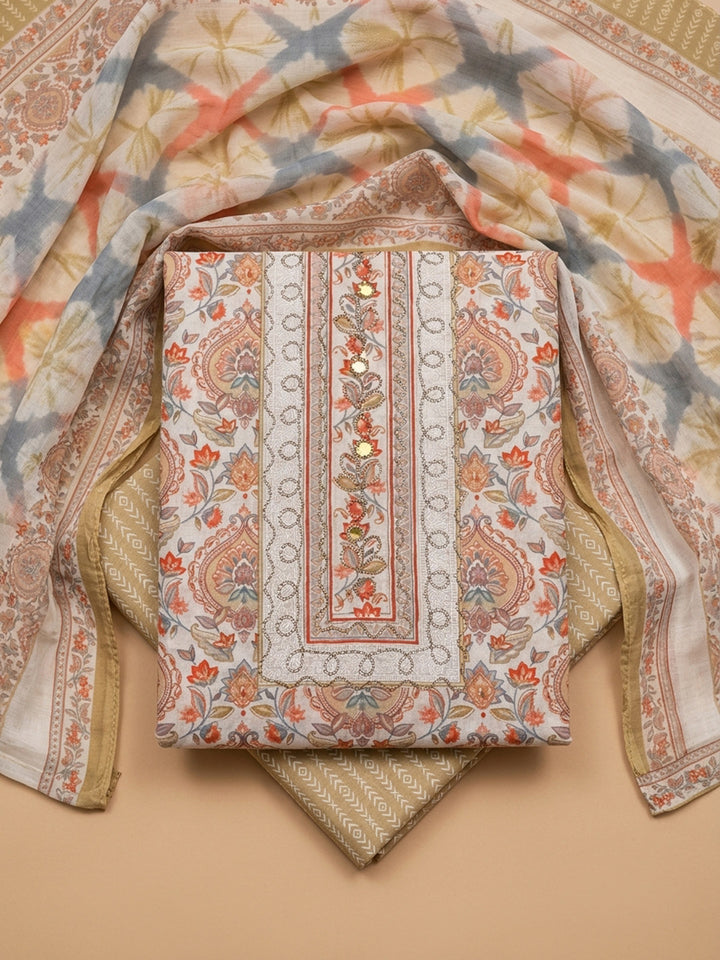 Beige Yoke Embroidery Cotton Blend Unstitched Dress Material