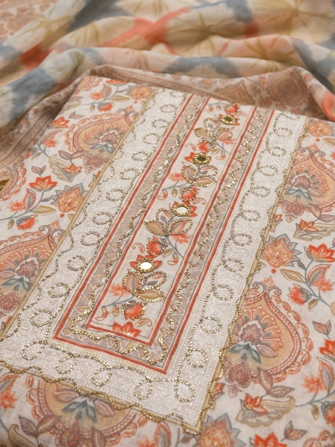 Beige Yoke Embroidery Cotton Blend Unstitched Dress Material