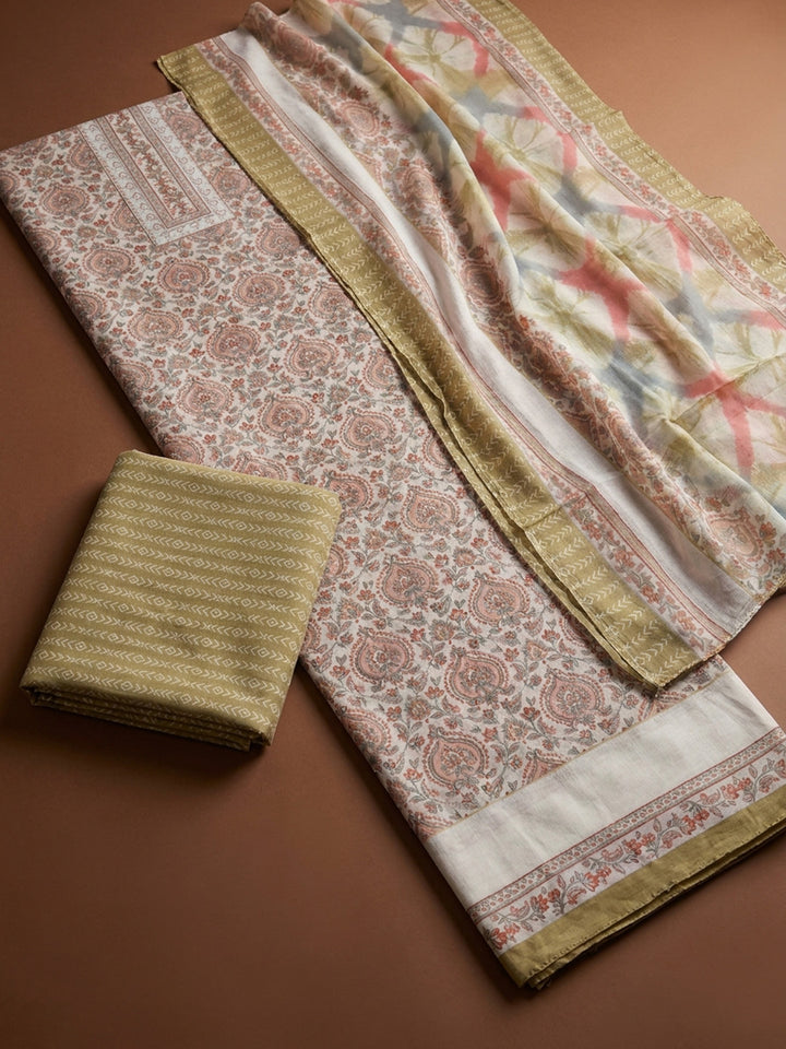 Beige Yoke Embroidery Cotton Blend Unstitched Dress Material