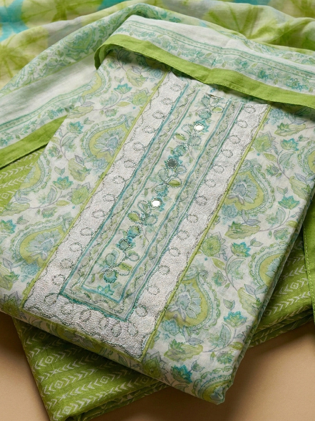 Mehndi Yoke Embroidery Cotton Blend Unstitched Dress Material