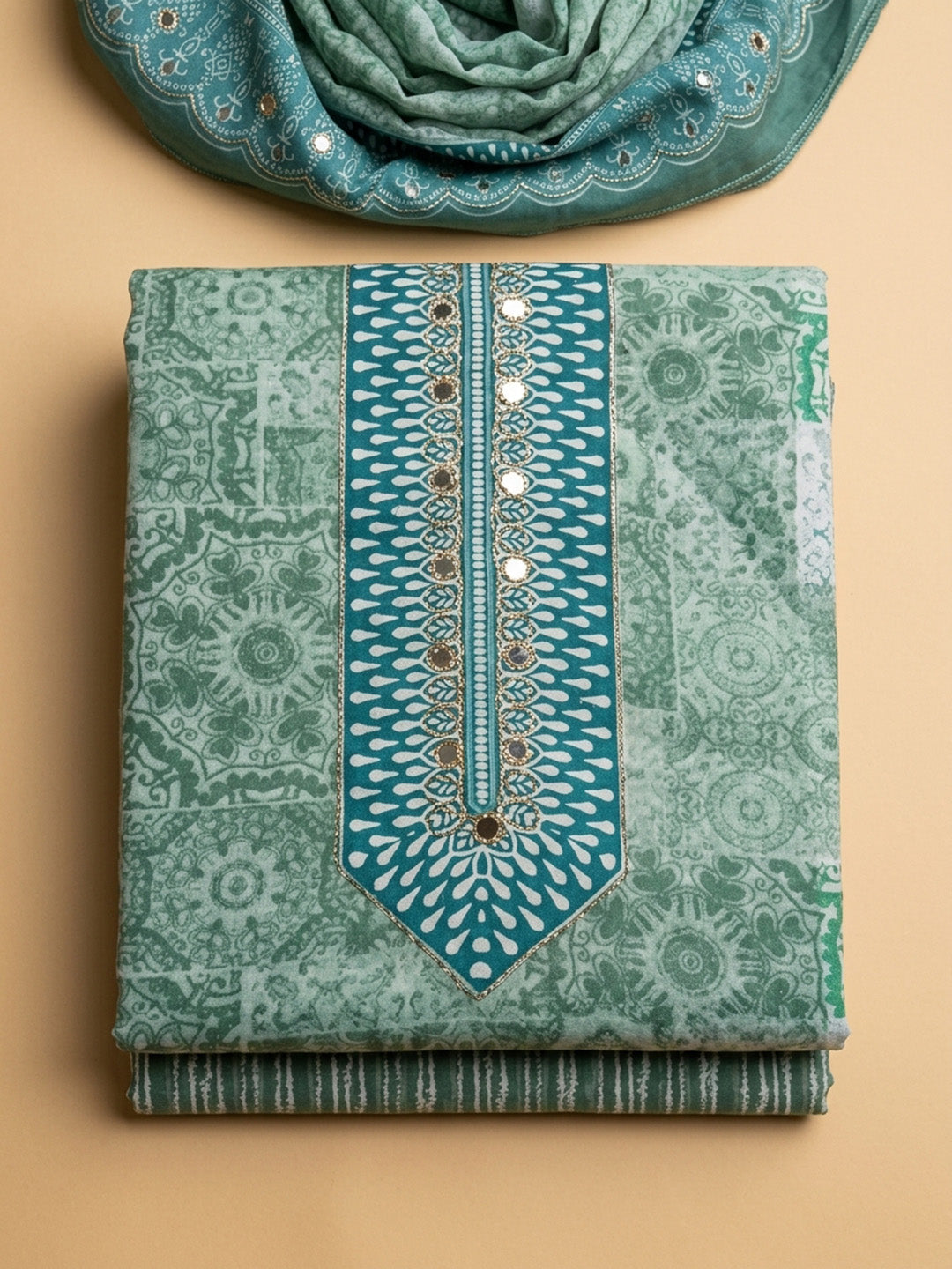 Aqua Green Printed Cotton Blend Unstitched Dress Material