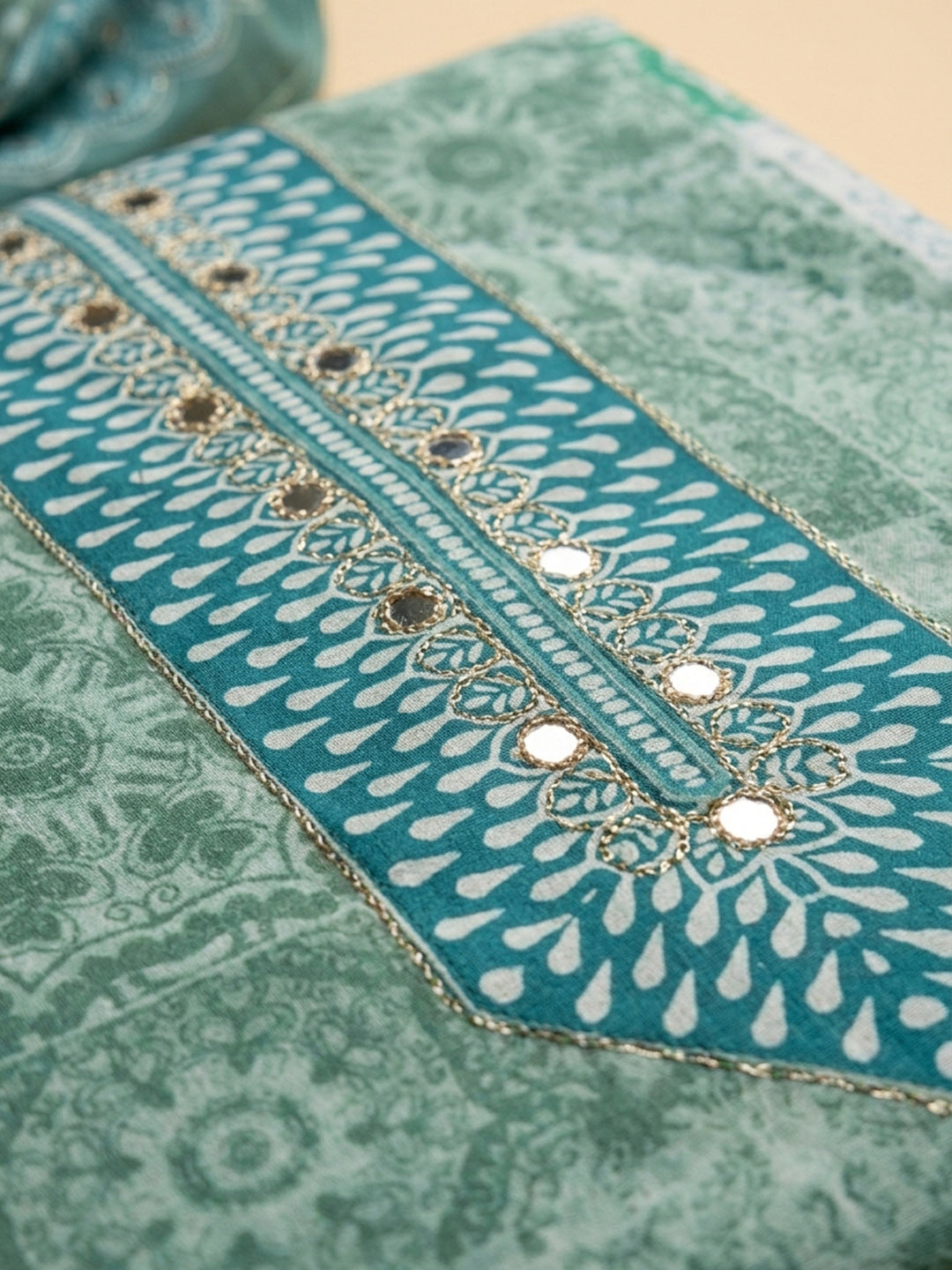 Aqua Green Printed Cotton Blend Unstitched Dress Material