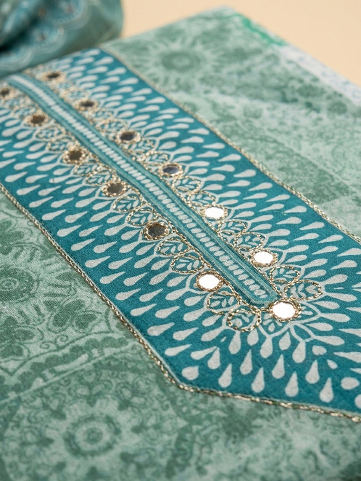 Aqua Green Printed Cotton Blend Unstitched Dress Material