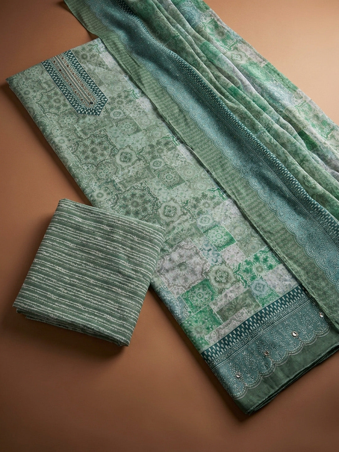 Aqua Green Printed Cotton Blend Unstitched Dress Material