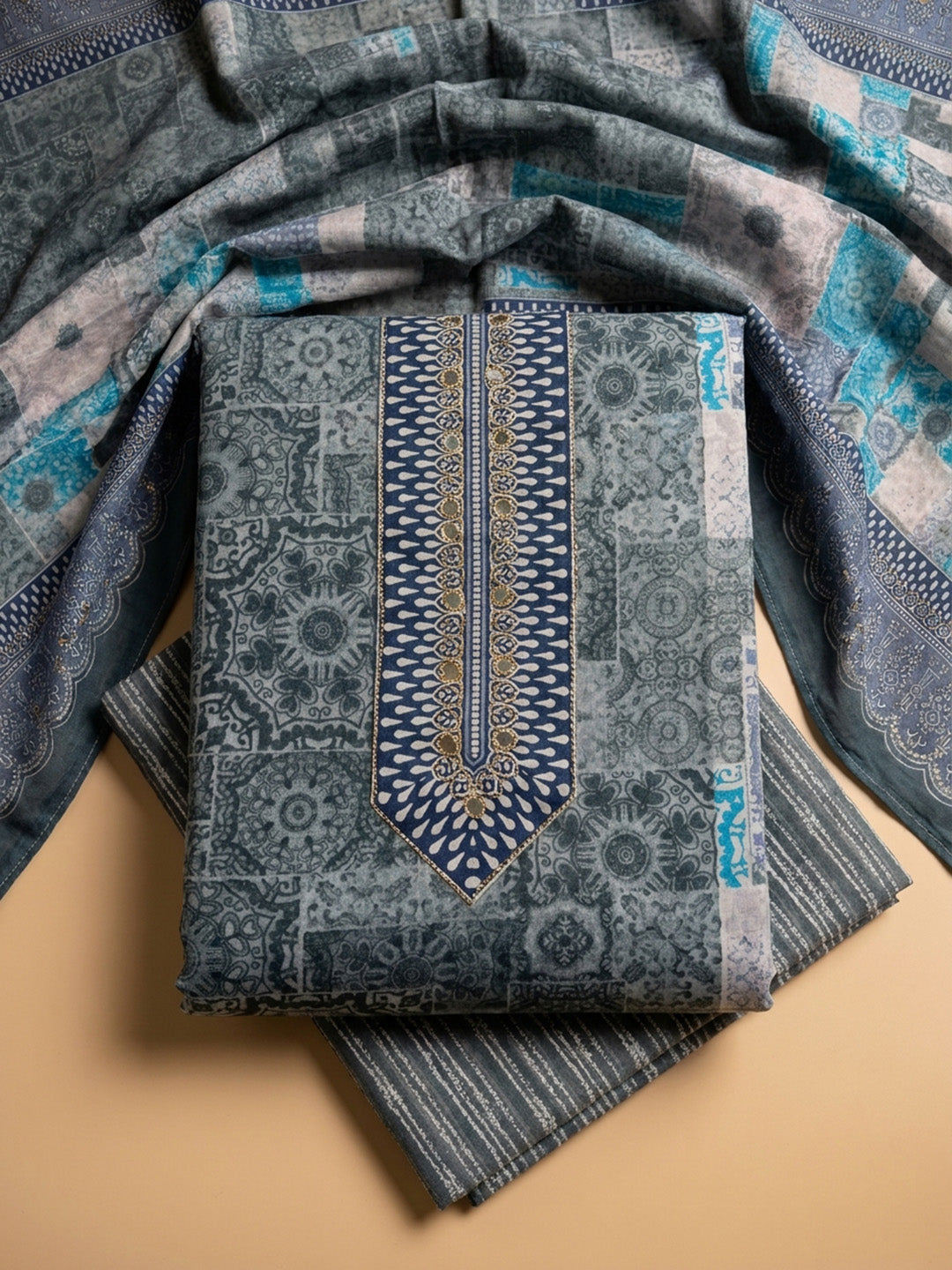 Grey Printed Cotton Blend Unstitched Dress Material
