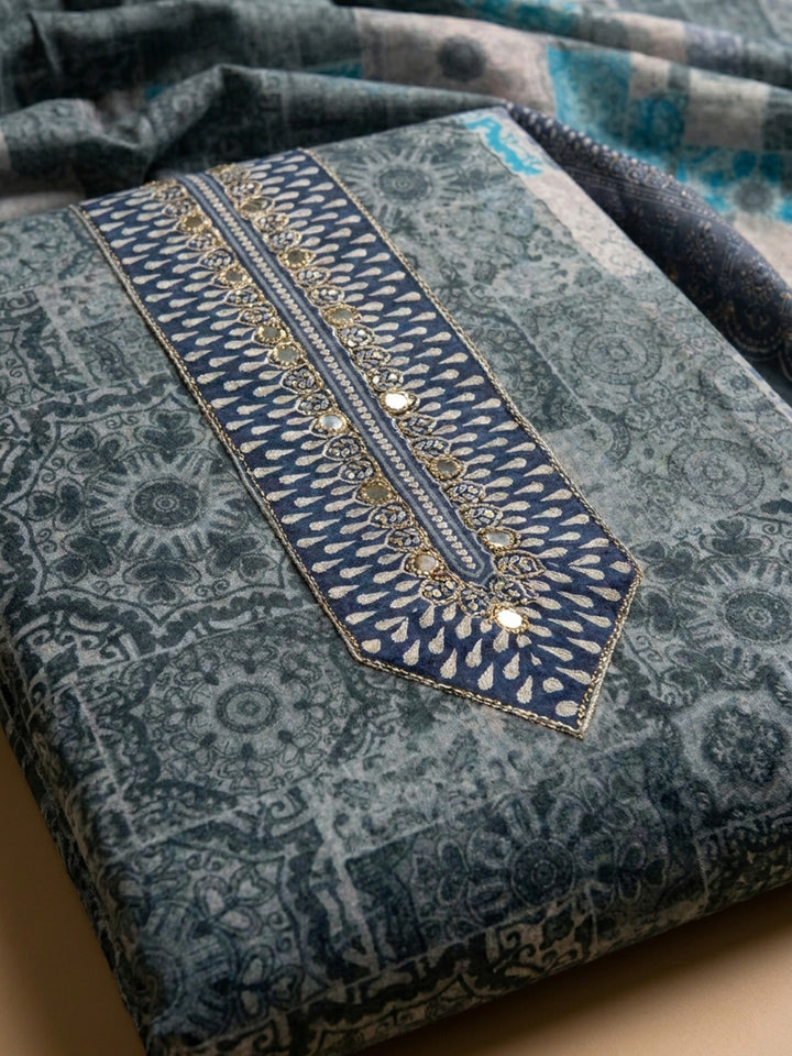 Grey Printed Cotton Blend Unstitched Dress Material