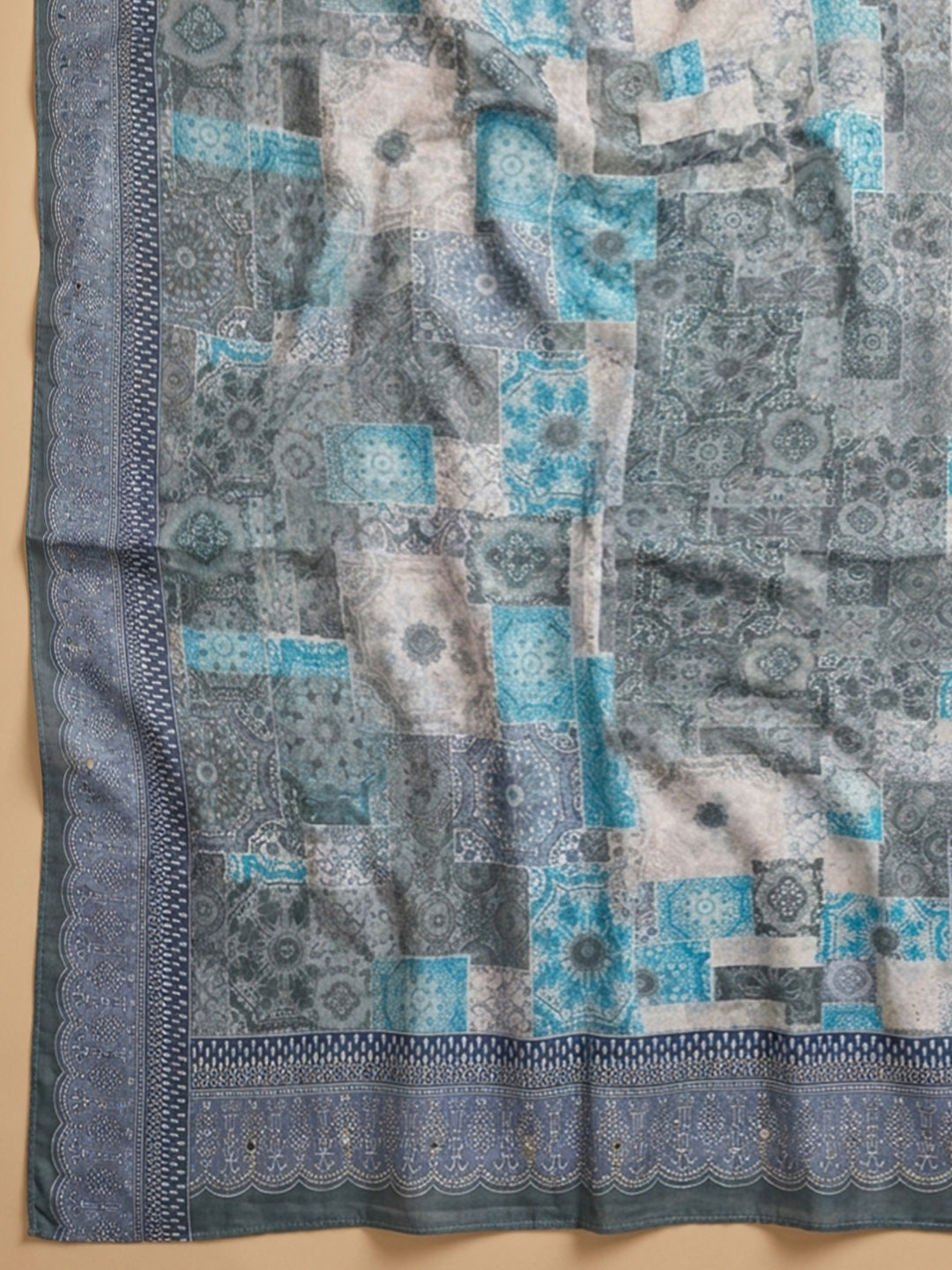 Grey Printed Cotton Blend Unstitched Dress Material