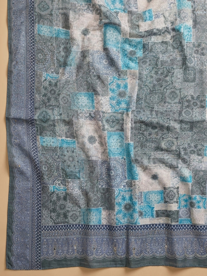 Grey Printed Cotton Blend Unstitched Dress Material