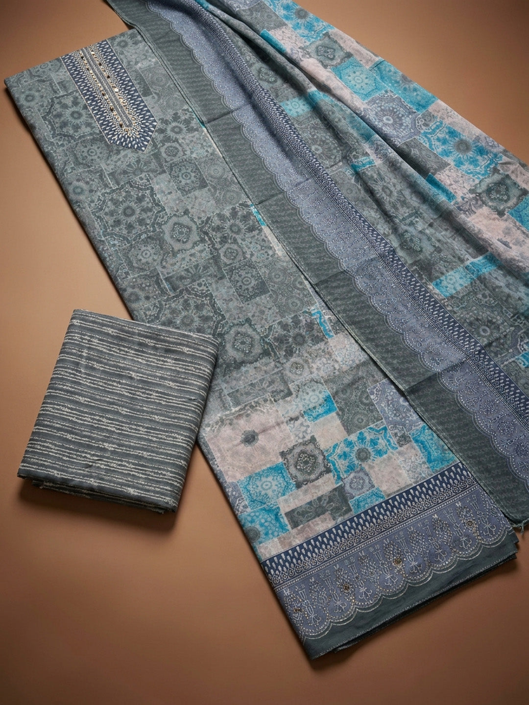 Grey Printed Cotton Blend Unstitched Dress Material