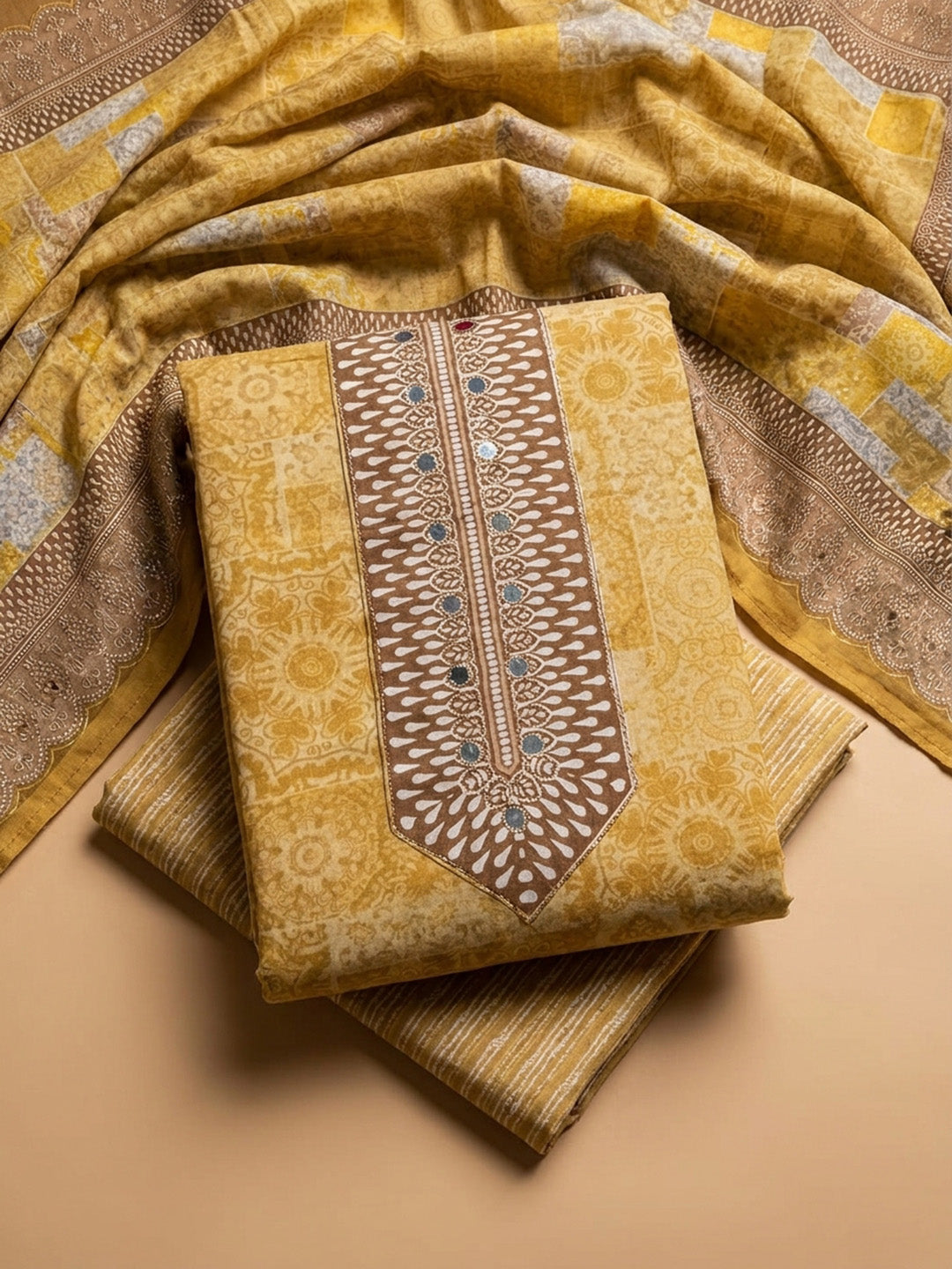 Mustard Printed Cotton Blend Unstitched Dress Material