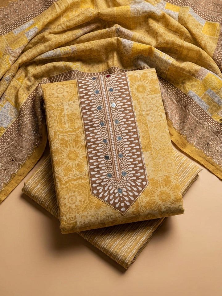 Mustard Printed Cotton Blend Unstitched Dress Material