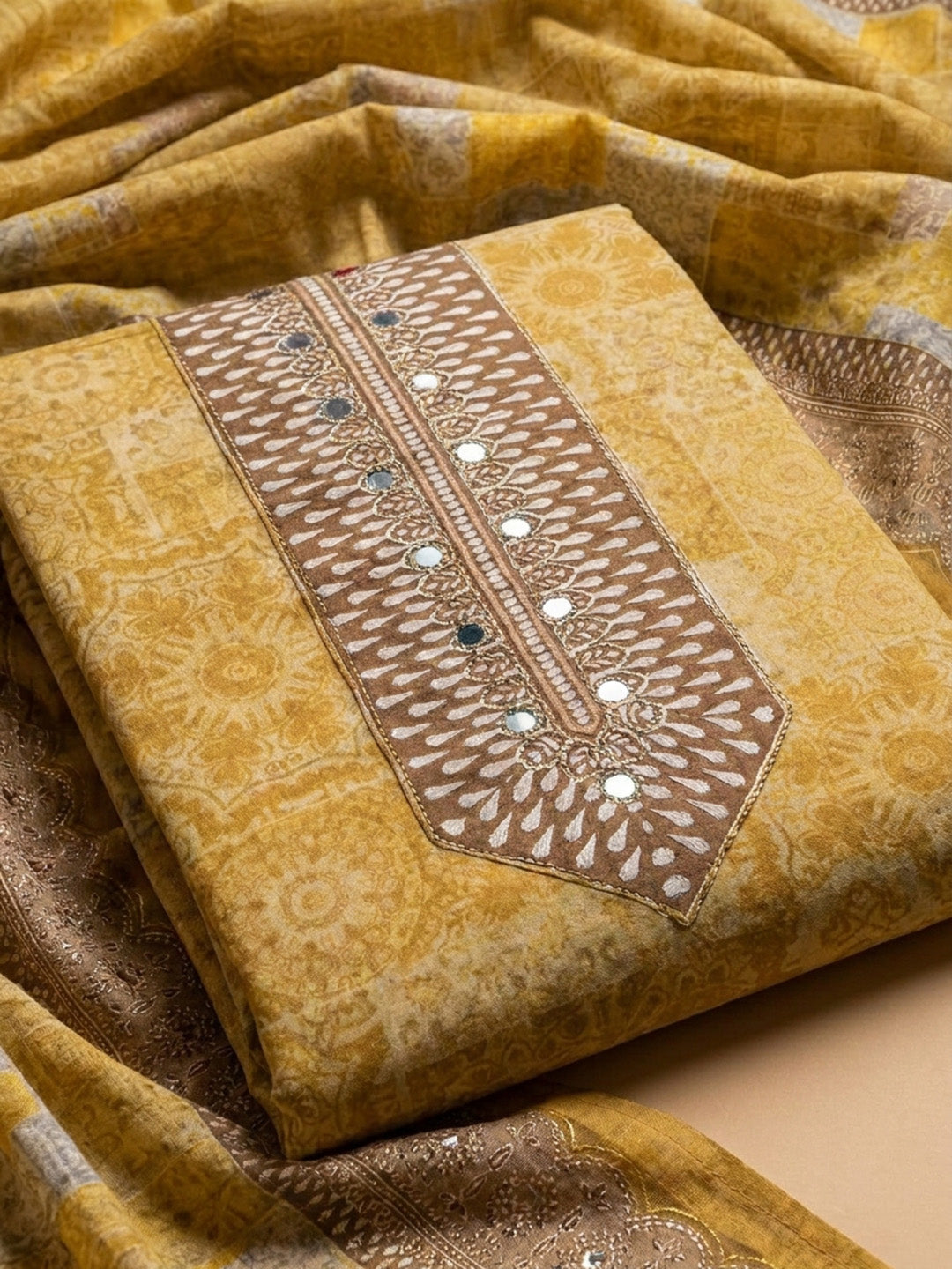 Mustard Printed Cotton Blend Unstitched Dress Material