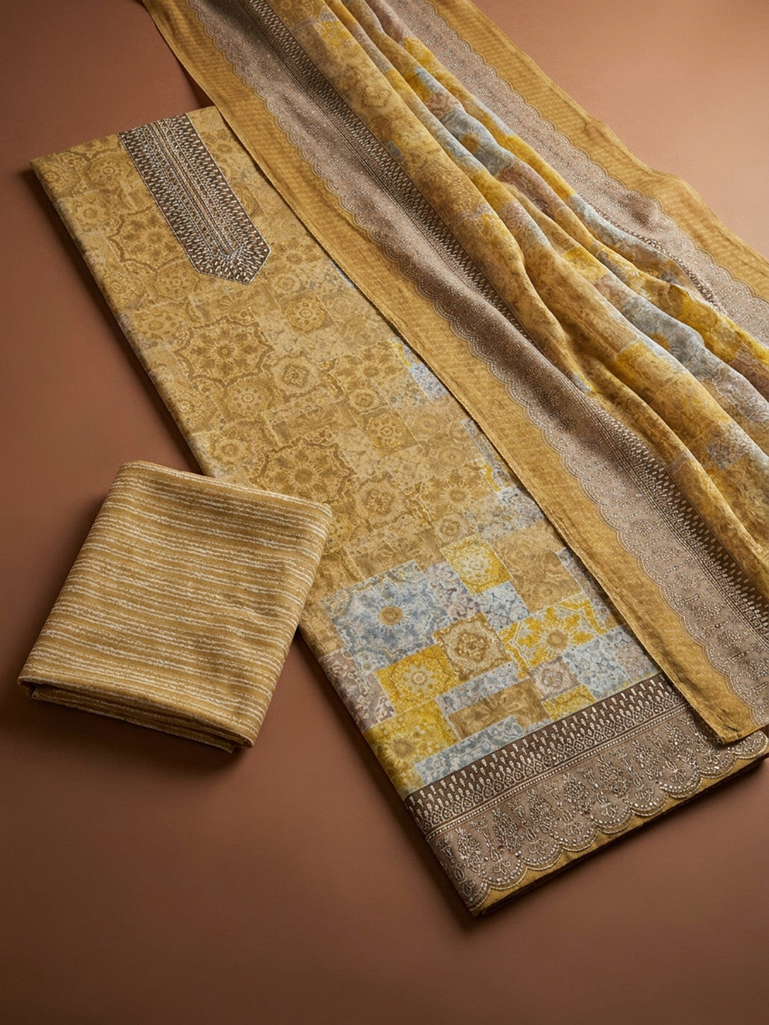 Mustard Printed Cotton Blend Unstitched Dress Material