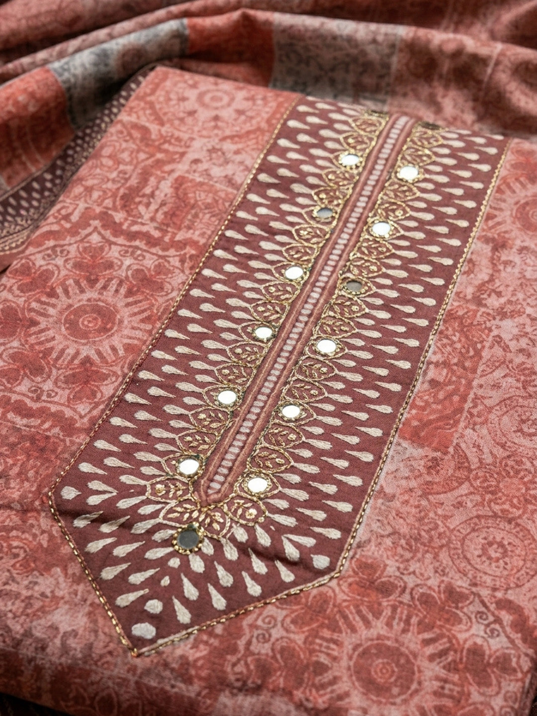 Peach Printed Cotton Blend Unstitched Dress Material