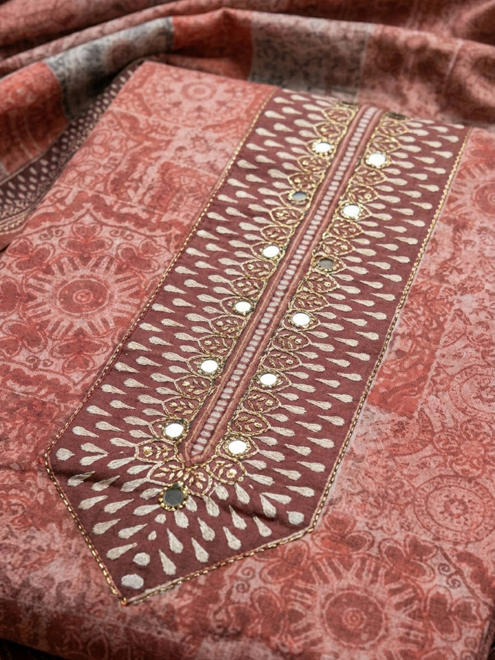 Peach Printed Cotton Blend Unstitched Dress Material