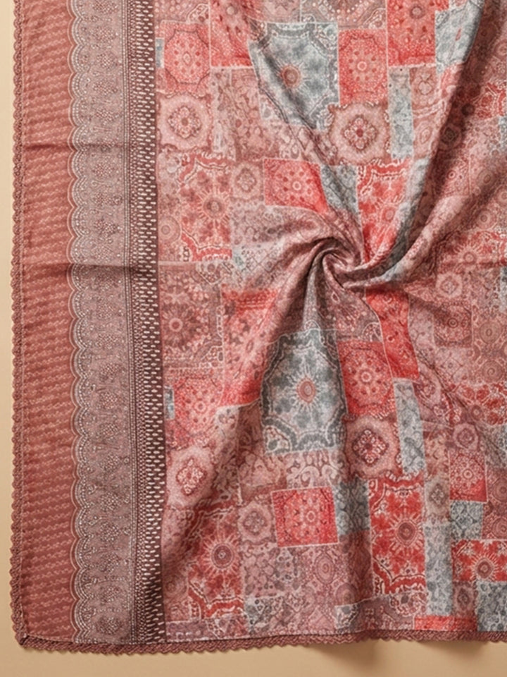 Peach Printed Cotton Blend Unstitched Dress Material