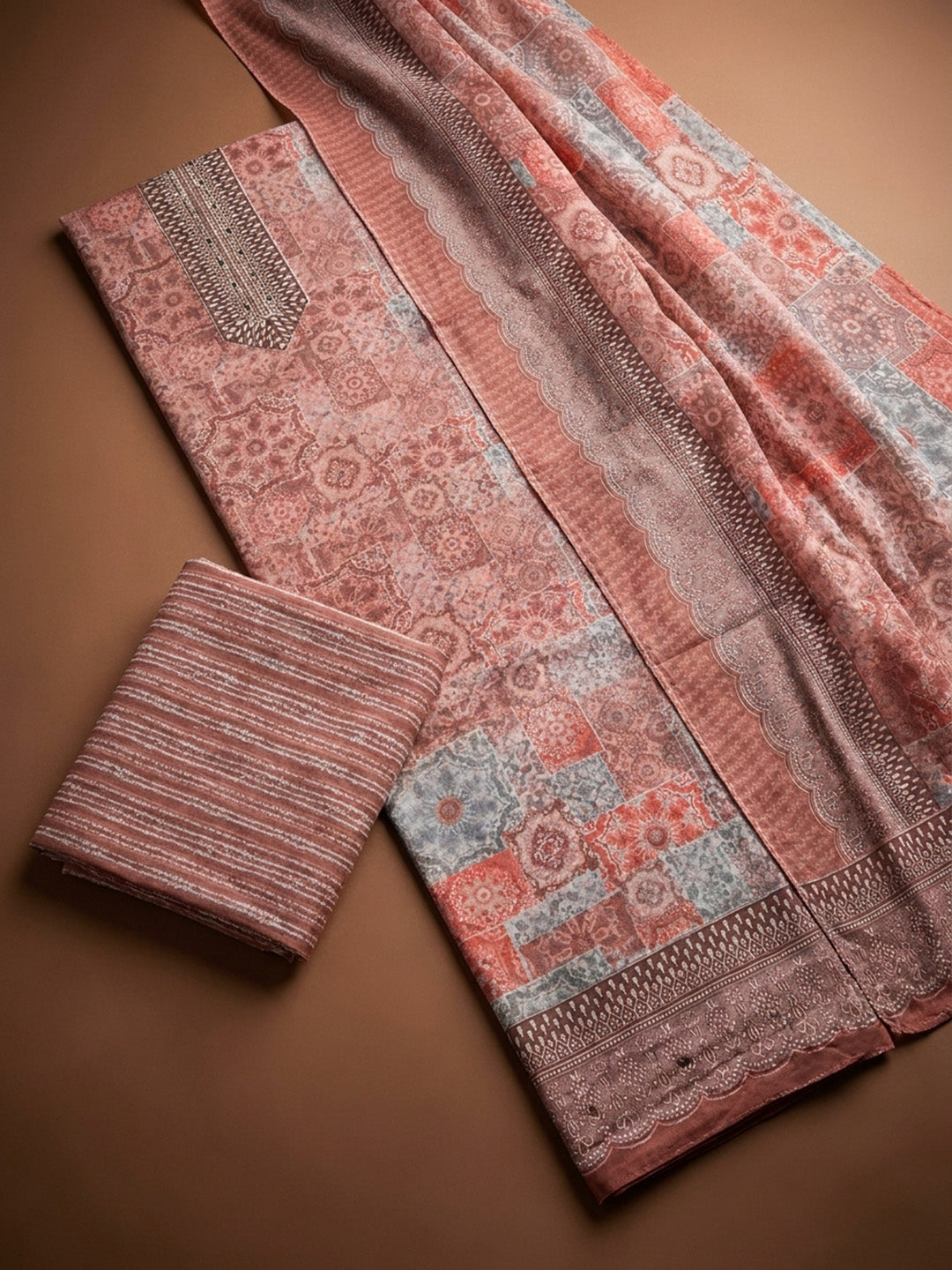 Peach Printed Cotton Blend Unstitched Dress Material