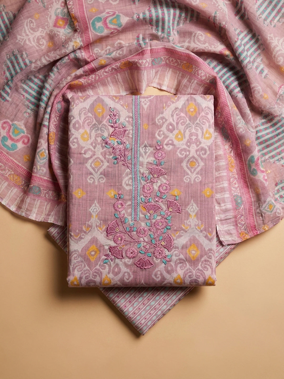 Onion Pink Embroidery Cotton Blend Unstitched Dress Material