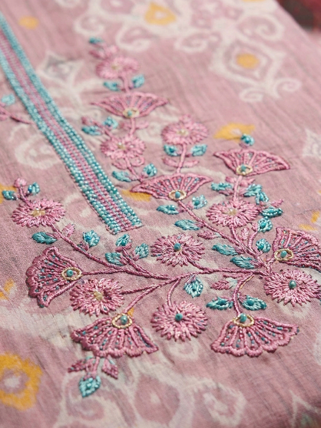 Onion Pink Embroidery Cotton Blend Unstitched Dress Material