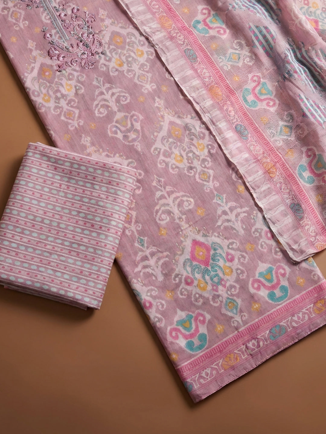 Onion Pink Embroidery Cotton Blend Unstitched Dress Material
