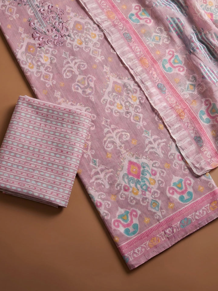 Onion Pink Embroidery Cotton Blend Unstitched Dress Material
