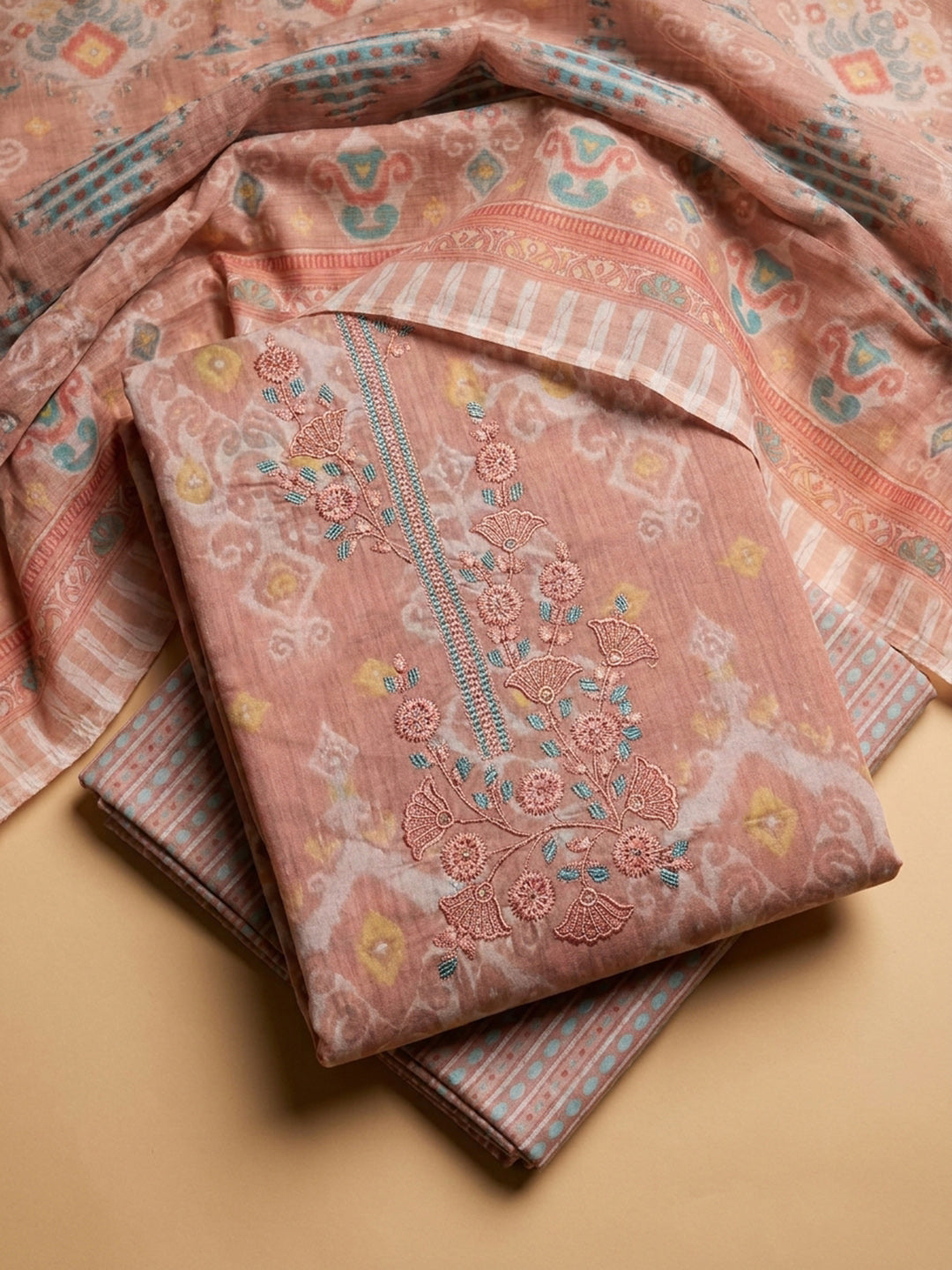 Peach Embroidery Cotton Blend Unstitched Dress Material