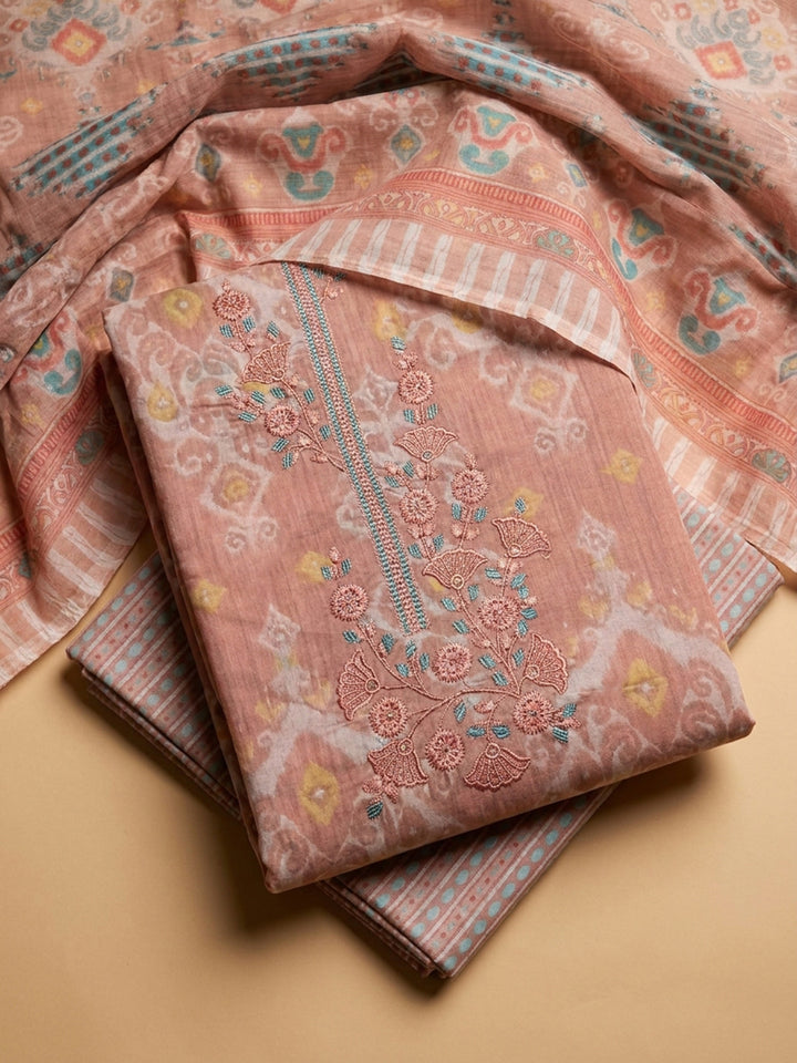 Peach Embroidery Cotton Blend Unstitched Dress Material