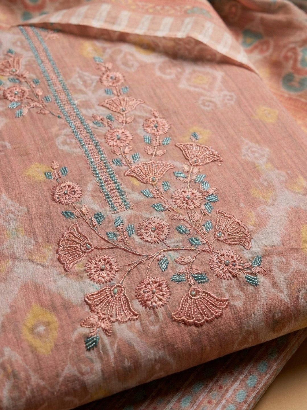 Peach Embroidery Cotton Blend Unstitched Dress Material