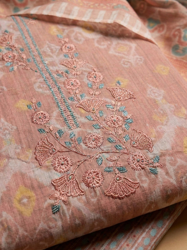 Peach Embroidery Cotton Blend Unstitched Dress Material