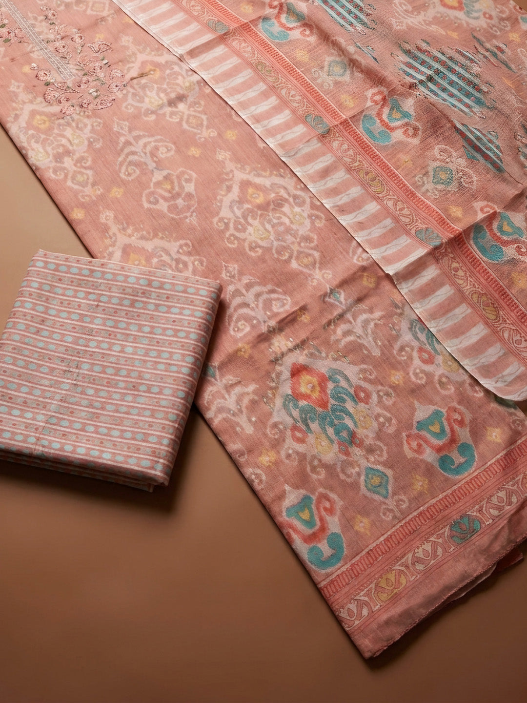 Peach Embroidery Cotton Blend Unstitched Dress Material