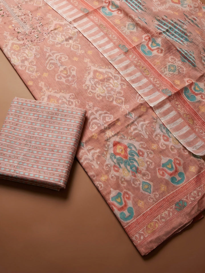 Peach Embroidery Cotton Blend Unstitched Dress Material