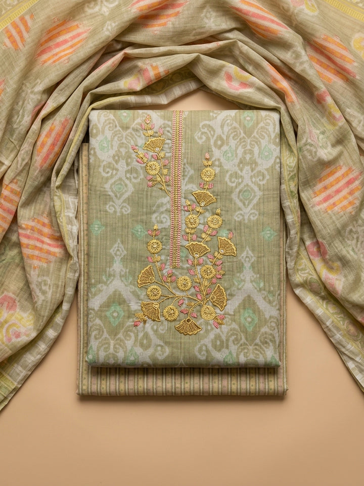 Pista Green Embroidery Cotton Blend Unstitched Dress Material